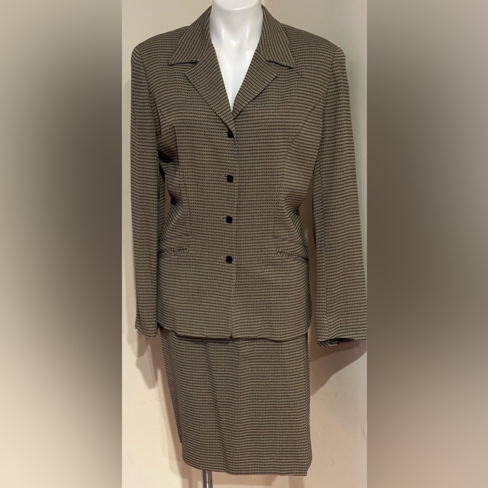 JULIANA COLLEZIONE Vintage Navy Blue & Beige Houndstooth Blazer Skirt Set Sz 10 - Picture 13 of 16